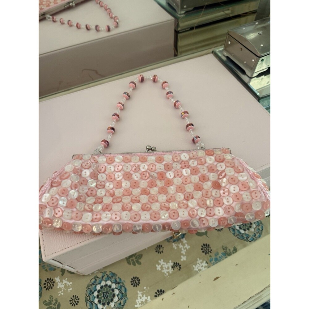 Vintage Retro Pink Button & Beaded Evening Bag Clutch Formal Handbag Bead Strap.